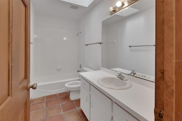 bathroom with vanity, visible vents, a skylight, tile patterned flooring, and toilet