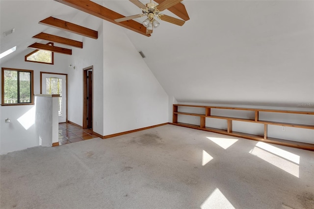 bonus room featuring visible vents, carpet floors, high vaulted ceiling, and beamed ceiling