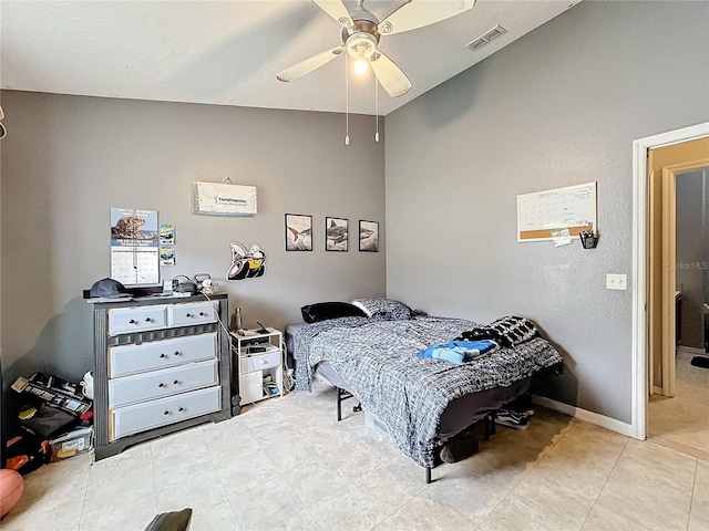 bedroom with lofted ceiling and ceiling fan