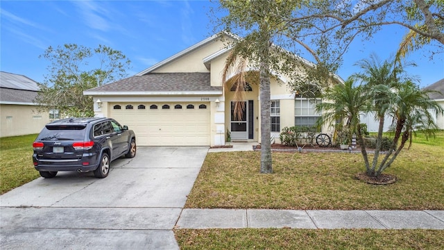 ranch-style house with a garage and a front lawn