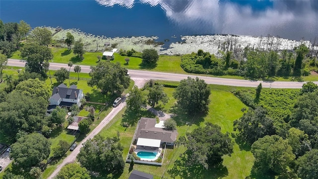 birds eye view of property featuring a water view