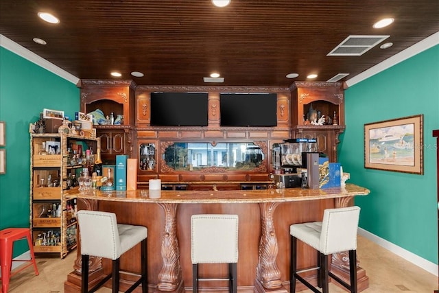 bar featuring light colored carpet, crown molding, and wood ceiling