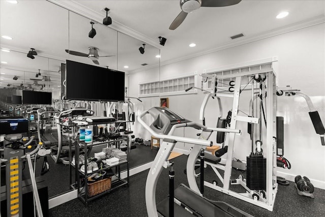 gym with ceiling fan and crown molding