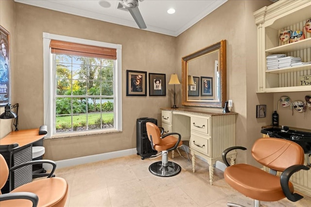 sitting room with light tile patterned floors and ornamental molding