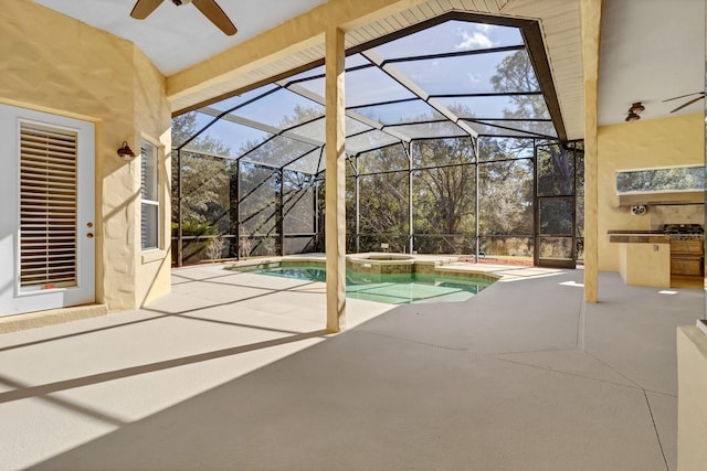 view of patio / terrace with glass enclosure, ceiling fan, a swimming pool with hot tub, and area for grilling