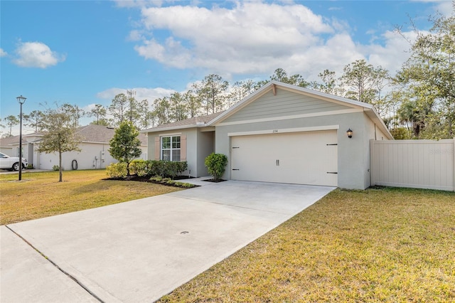 single story home with a garage and a front lawn