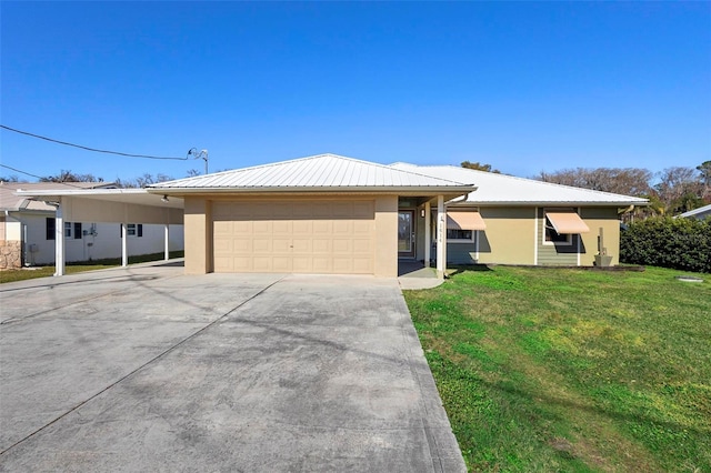 ranch-style house with a garage and a front yard