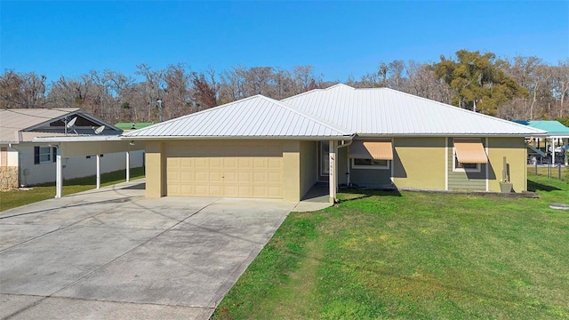 view of front of property with a front lawn, a garage, and a carport