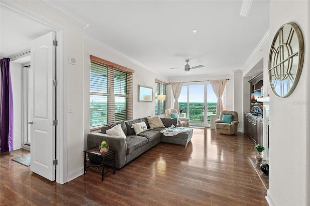 living room featuring dark hardwood / wood-style floors, crown molding, and a healthy amount of sunlight