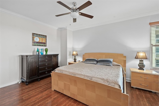 bedroom featuring ceiling fan, dark hardwood / wood-style floors, and ornamental molding