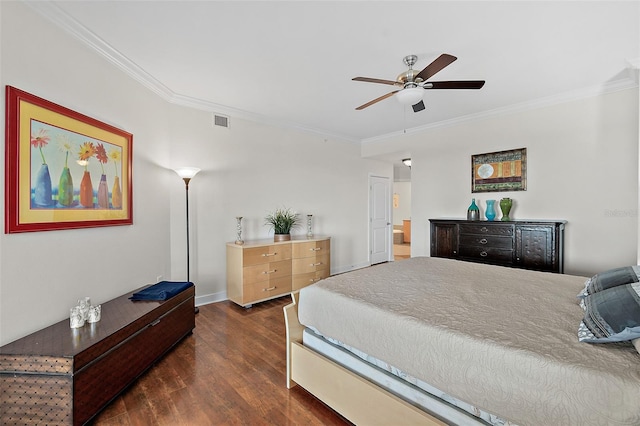 bedroom with ceiling fan, crown molding, and dark hardwood / wood-style floors