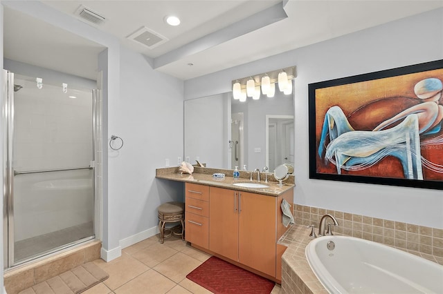 bathroom featuring vanity, tile patterned flooring, and shower with separate bathtub