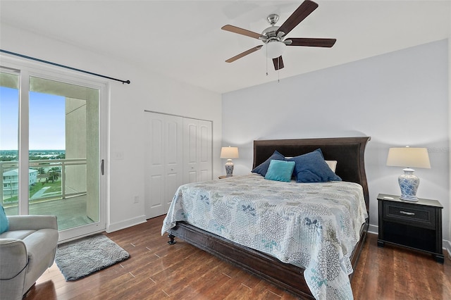 bedroom with ceiling fan, access to exterior, a closet, and dark hardwood / wood-style floors