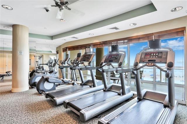 workout area with carpet and ceiling fan