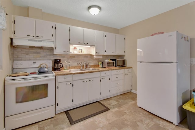 kitchen featuring tasteful backsplash, white appliances, a textured ceiling, white cabinets, and sink