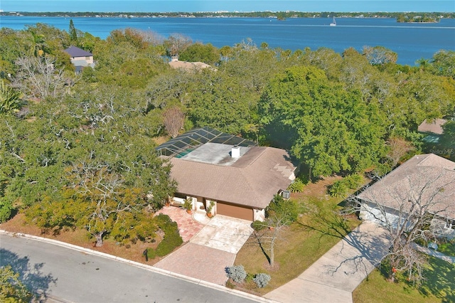 drone / aerial view with a water view