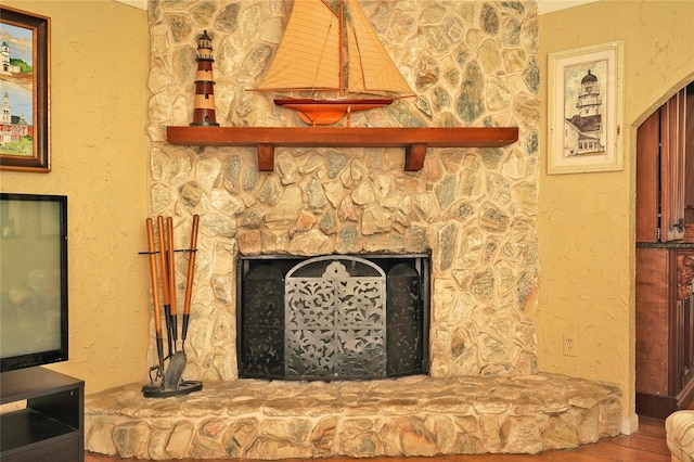 room details featuring a stone fireplace and wood-type flooring