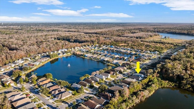 drone / aerial view featuring a water view