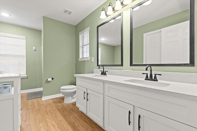 bathroom with vanity, toilet, and wood-type flooring