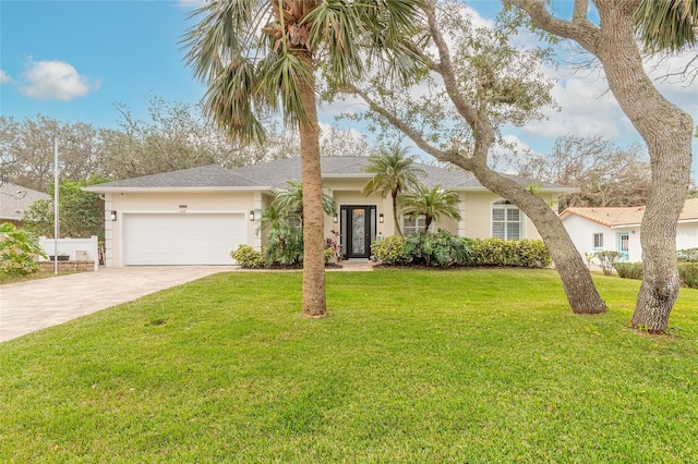 single story home featuring a garage and a front yard