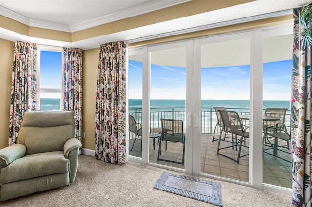 interior space with carpet flooring, a water view, and ornamental molding