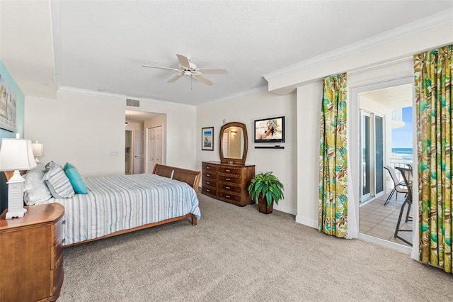 carpeted bedroom with ceiling fan, access to exterior, and ornamental molding