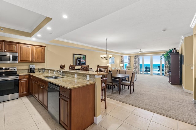 kitchen with light colored carpet, kitchen peninsula, sink, a breakfast bar area, and stainless steel appliances