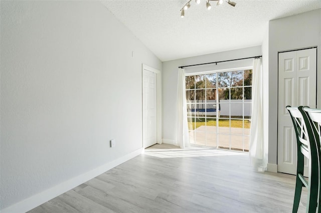 empty room featuring lofted ceiling, a textured ceiling, and light wood-type flooring