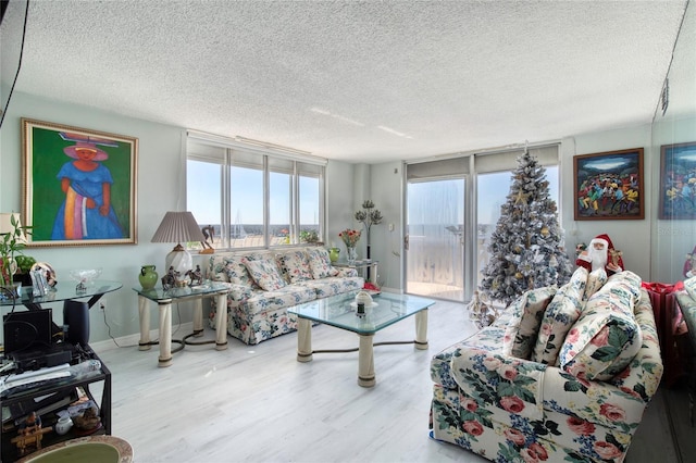 living room with a textured ceiling and light wood-type flooring