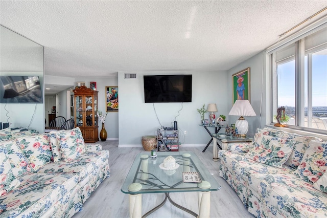 living room featuring light hardwood / wood-style flooring and a textured ceiling