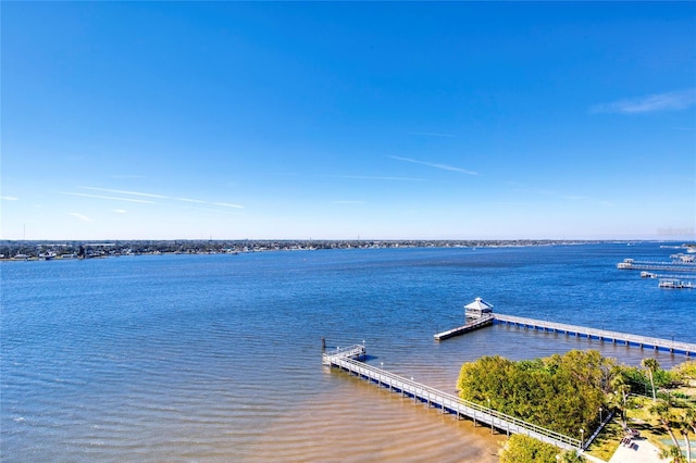 view of dock with a water view