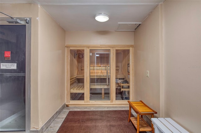 view of sauna / steam room with wood-type flooring