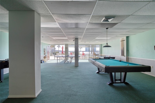 rec room featuring pool table, a paneled ceiling, and carpet flooring