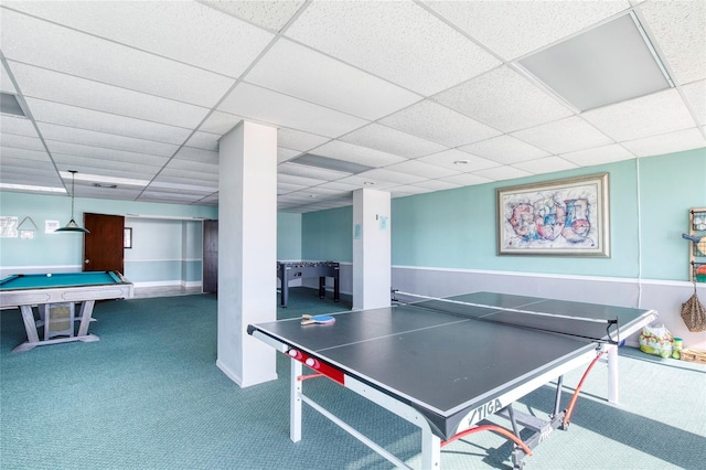 recreation room with carpet floors, a paneled ceiling, and pool table