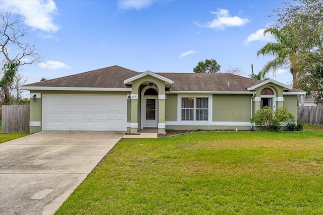 single story home with a garage and a front lawn