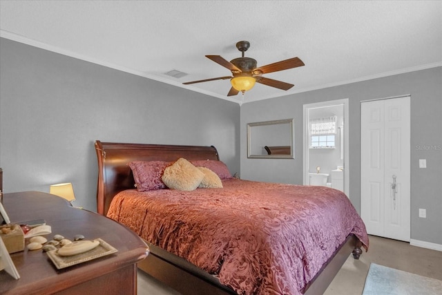 bedroom with crown molding, ensuite bath, and ceiling fan