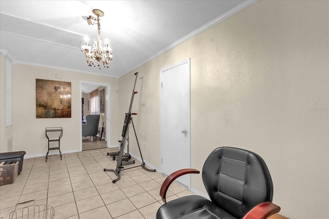 exercise area featuring ornamental molding, light tile patterned floors, and an inviting chandelier