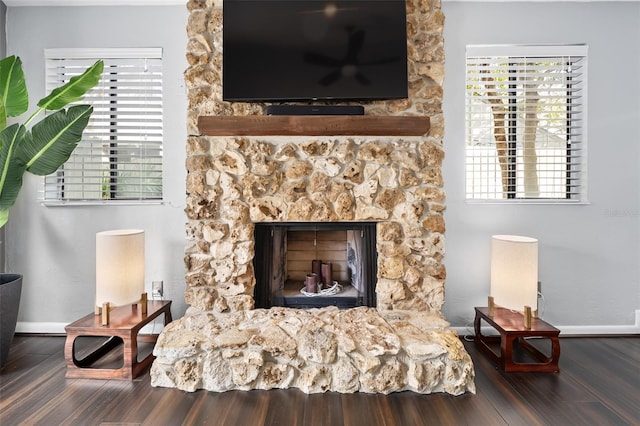 living area featuring dark wood-type flooring and a fireplace