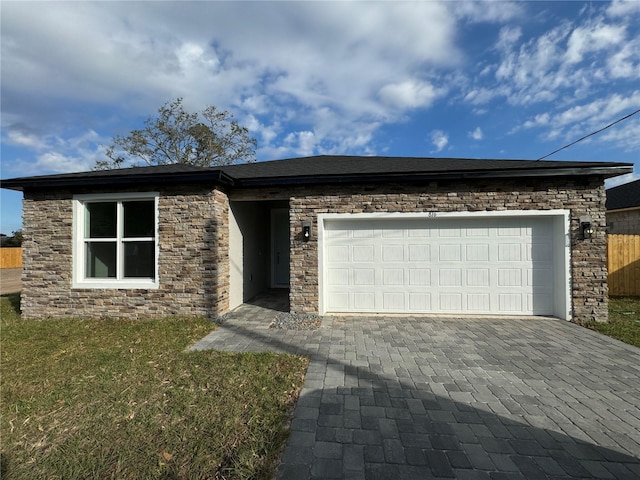 view of front of house with a garage, decorative driveway, and a front yard