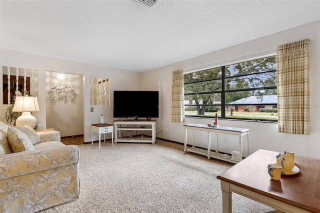 carpeted living room with a textured ceiling