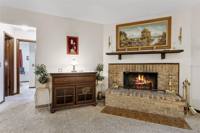 carpeted living room featuring a brick fireplace