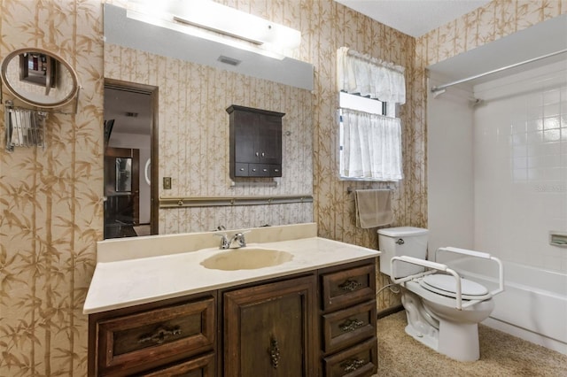 full bathroom featuring  shower combination, toilet, and vanity