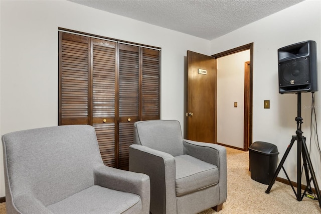 living area with a textured ceiling and light colored carpet