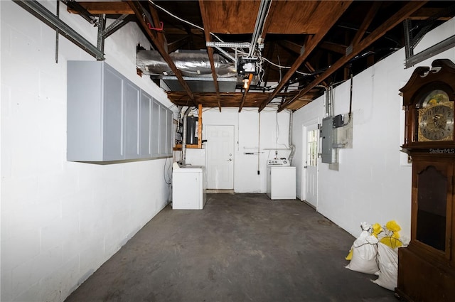 basement featuring electric panel and washer / dryer