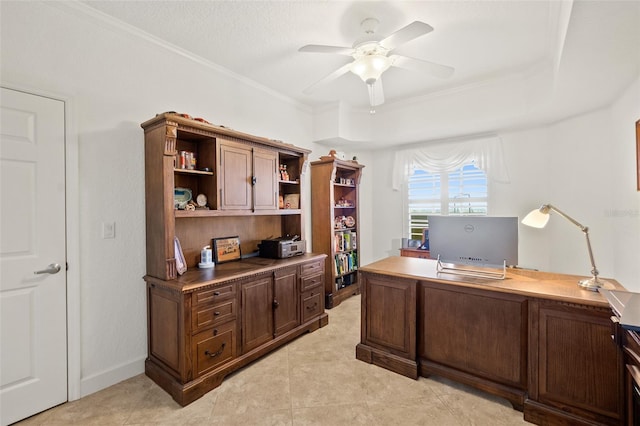 office space featuring ceiling fan, ornamental molding, and light tile patterned floors