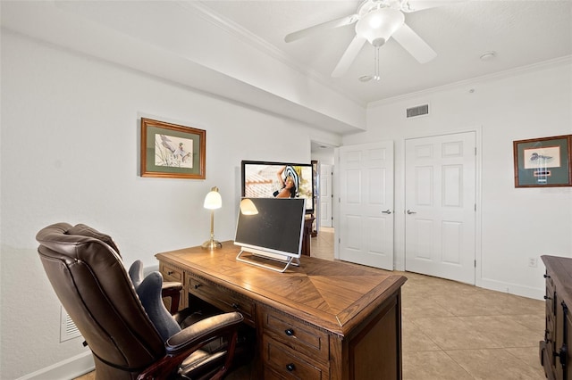 office space with ornamental molding, ceiling fan, and light tile patterned flooring