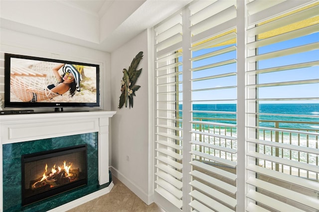 room details with a water view and a fireplace