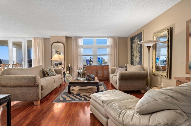 living room with a wealth of natural light, dark hardwood / wood-style floors, and a textured ceiling