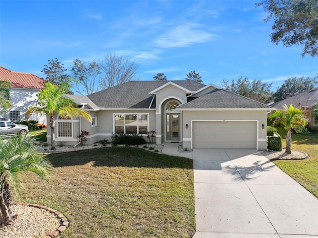 ranch-style house with concrete driveway, a front yard, roof with shingles, stucco siding, and an attached garage