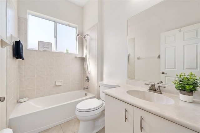 bathroom featuring vanity, toilet,  shower combination, and tile patterned flooring